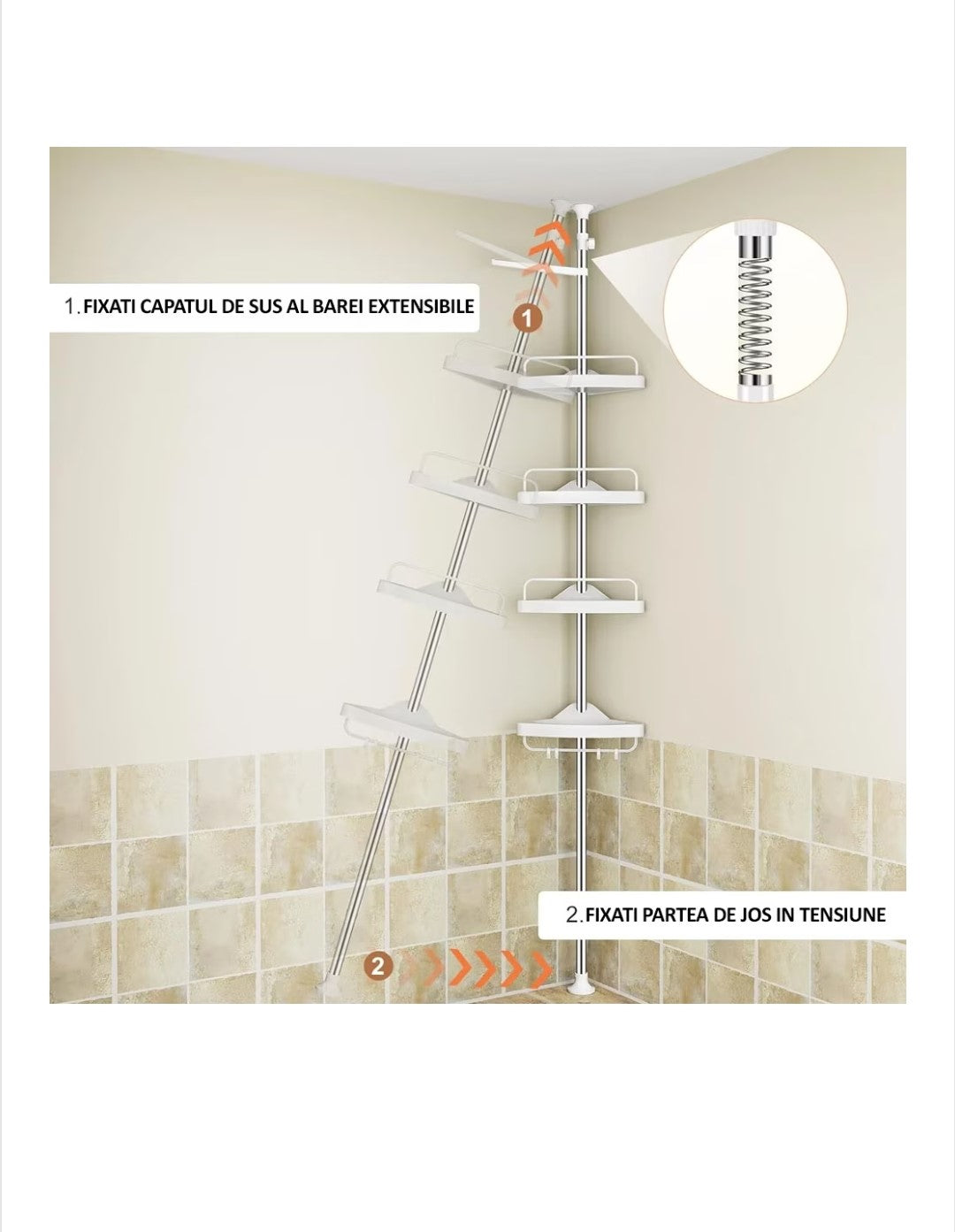 Raft de Colț Telescopic pentru Baie – 4 Niveluri | Fără Găurire