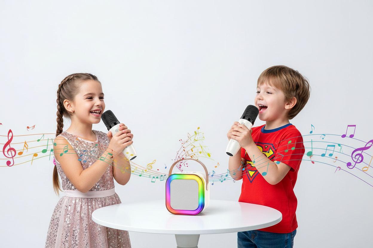 Doi copii cântând la microfoane karaoke cu boxă Bluetooth RGB