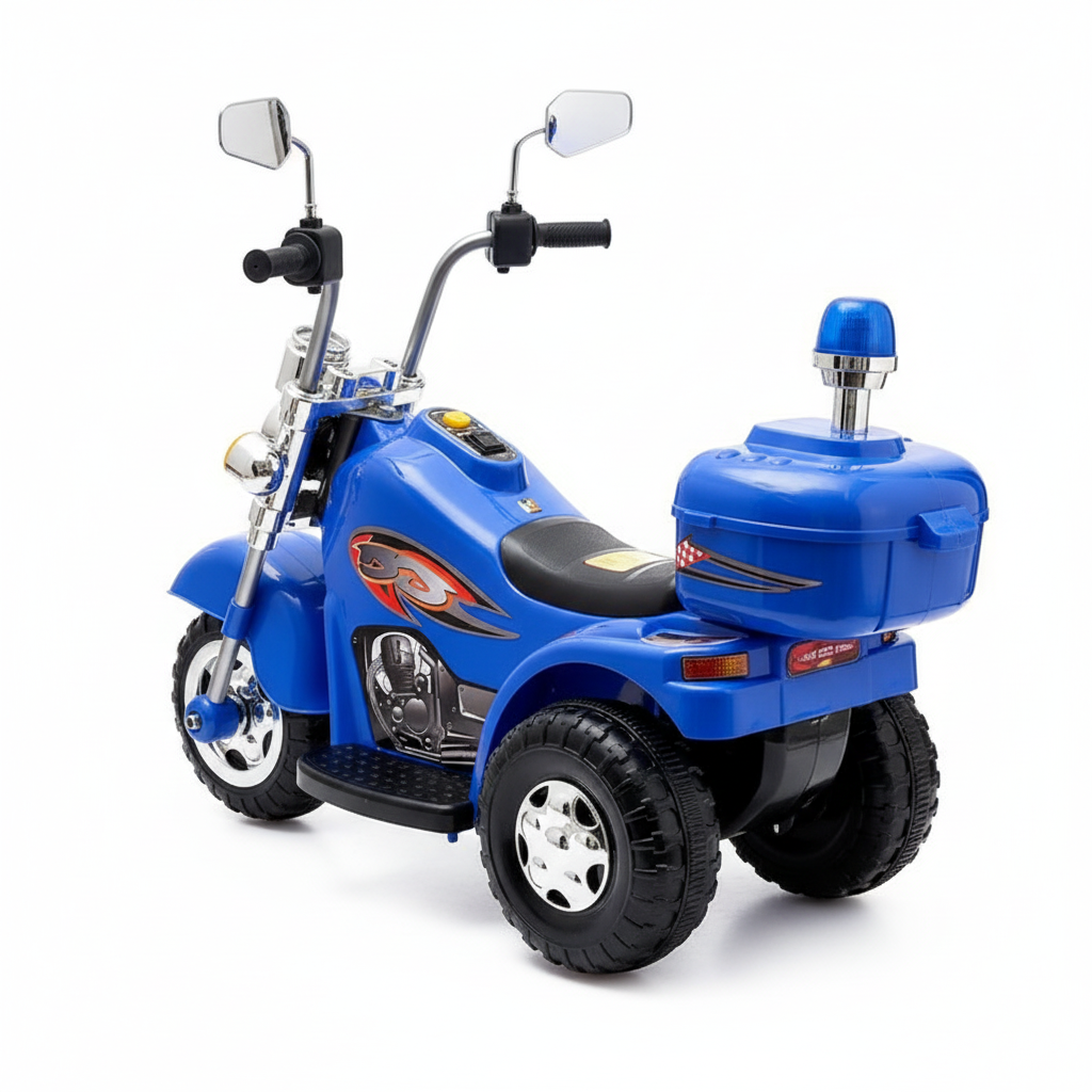 Motocicleta electrica politie copii albastru - vedere spate stanga