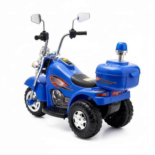 Motocicleta electrica politie copii albastru - vedere spate stanga